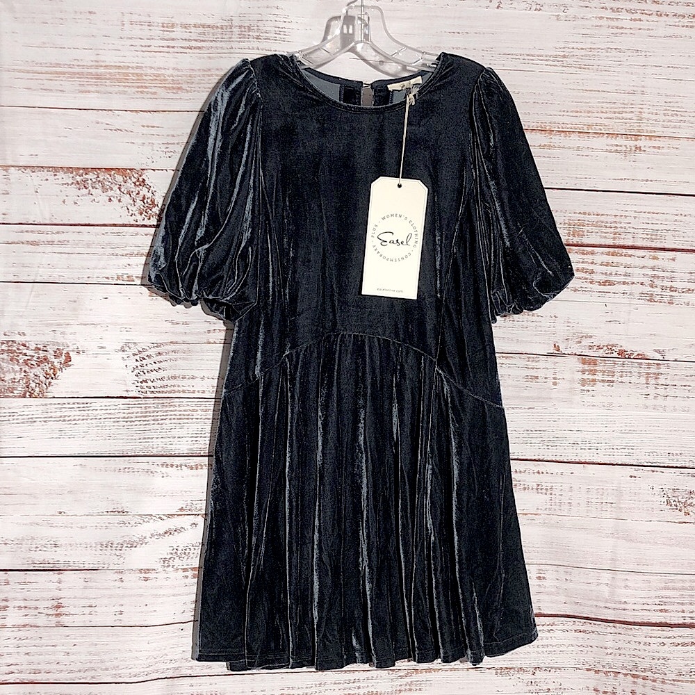 Easel Elegant Ash Midnight Blue Crushed Velvet Babydoll dress NWT SM with pocket